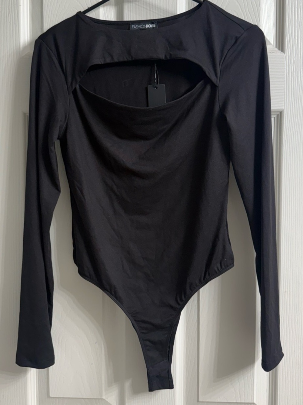 Fashion Nova Black Long-Sleeve Cutout Front Bodysuit